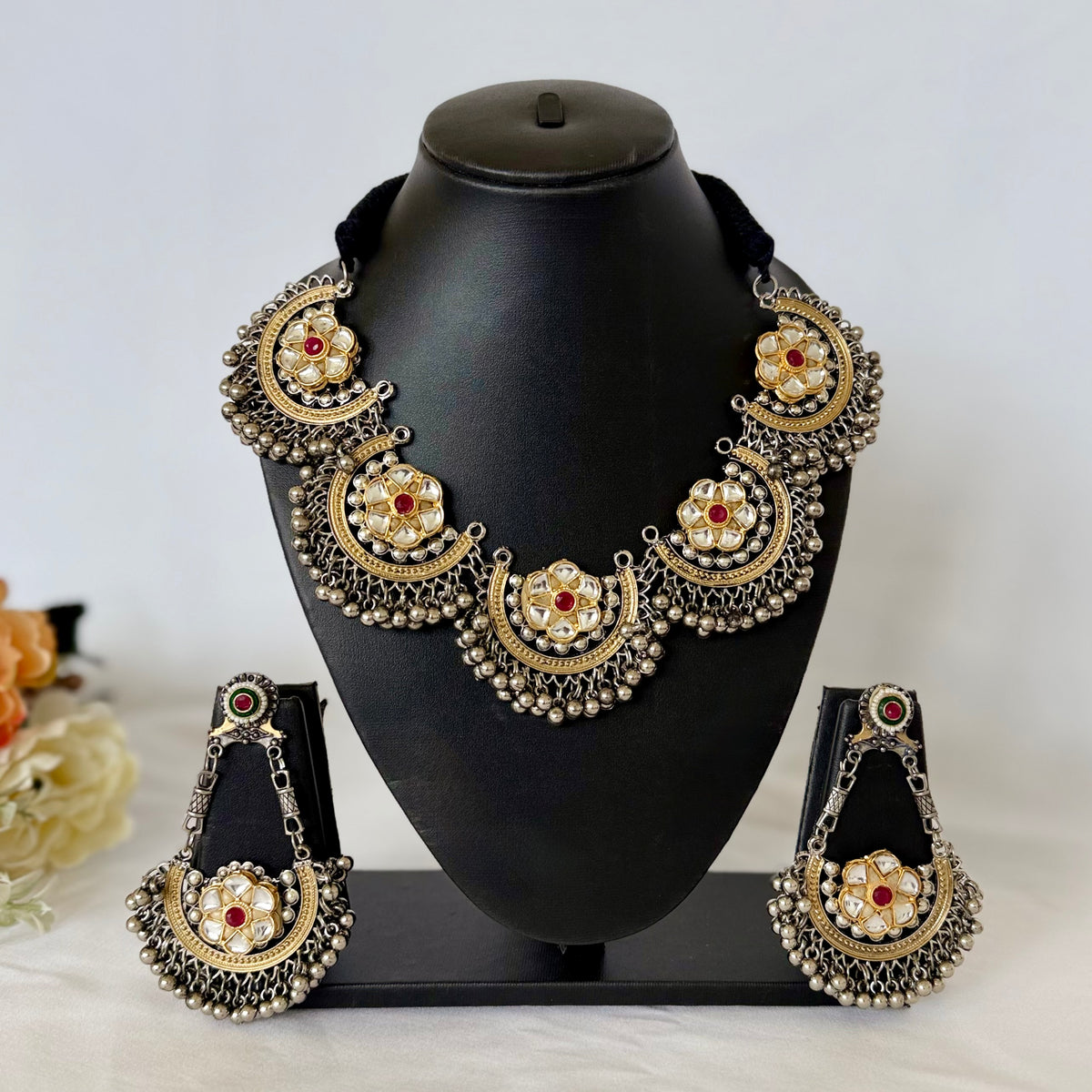 Oxidized Silver Gold Kundan Necklace Set, Indian Statement Jewelry, Navratri Garba Dandiya Necklace, Long Earrings, Tribal Boho Jewelry