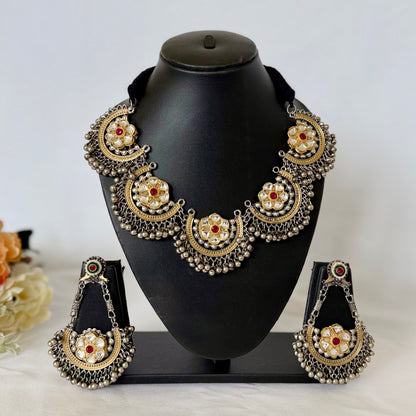 Oxidized Silver Gold Kundan Necklace Set, Indian Statement Jewelry, Navratri Garba Dandiya Necklace, Long Earrings, Tribal Boho Jewelry