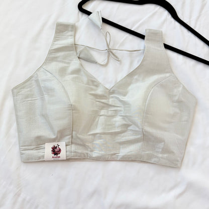 Silver Tissue Silk Saree Blouse, Ready to Wear Golden Blouse, Padded V Neck Blouse, Indian Saree Blouse, Festive Wedding Blouse , Crop top