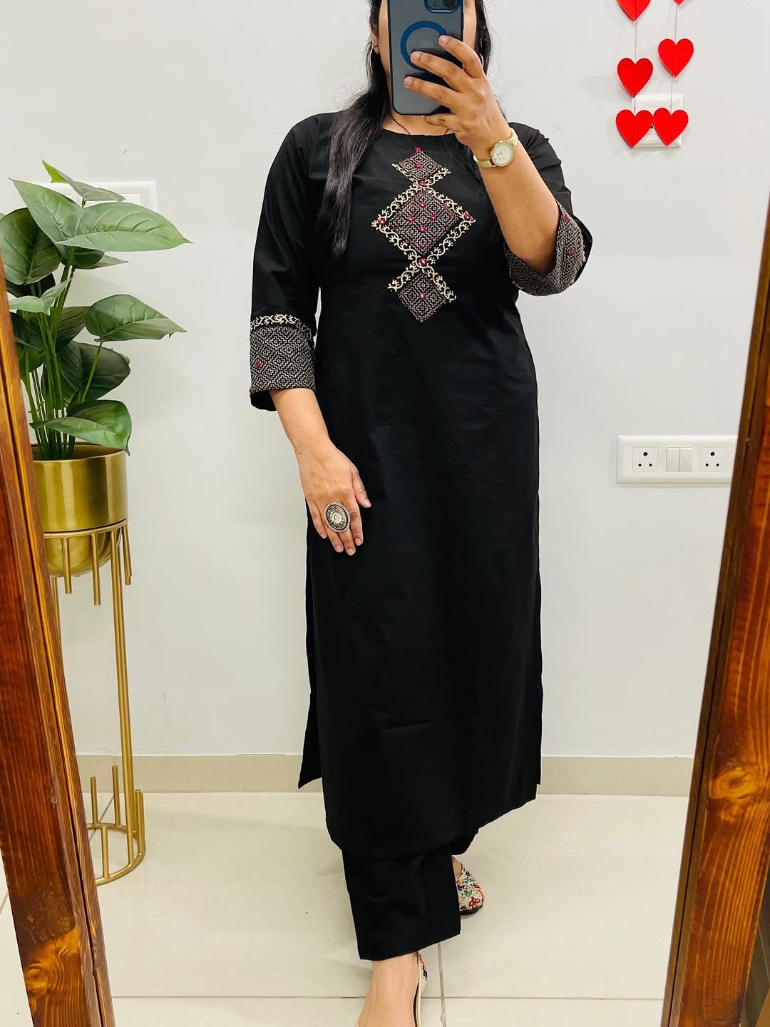 Black Cotton Co-Ord Set for Women | Mirror & Thread Embroidered A-Line Kurti | Ankle Length Pants with Pockets | Elegant Everyday Wear |