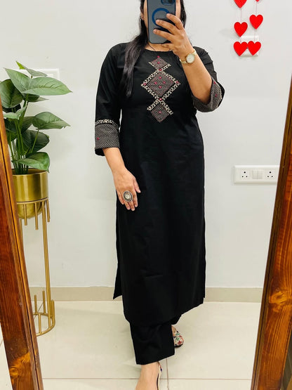 Black Cotton Co-Ord Set for Women | Mirror & Thread Embroidered A-Line Kurti | Ankle Length Pants with Pockets | Elegant Everyday Wear |