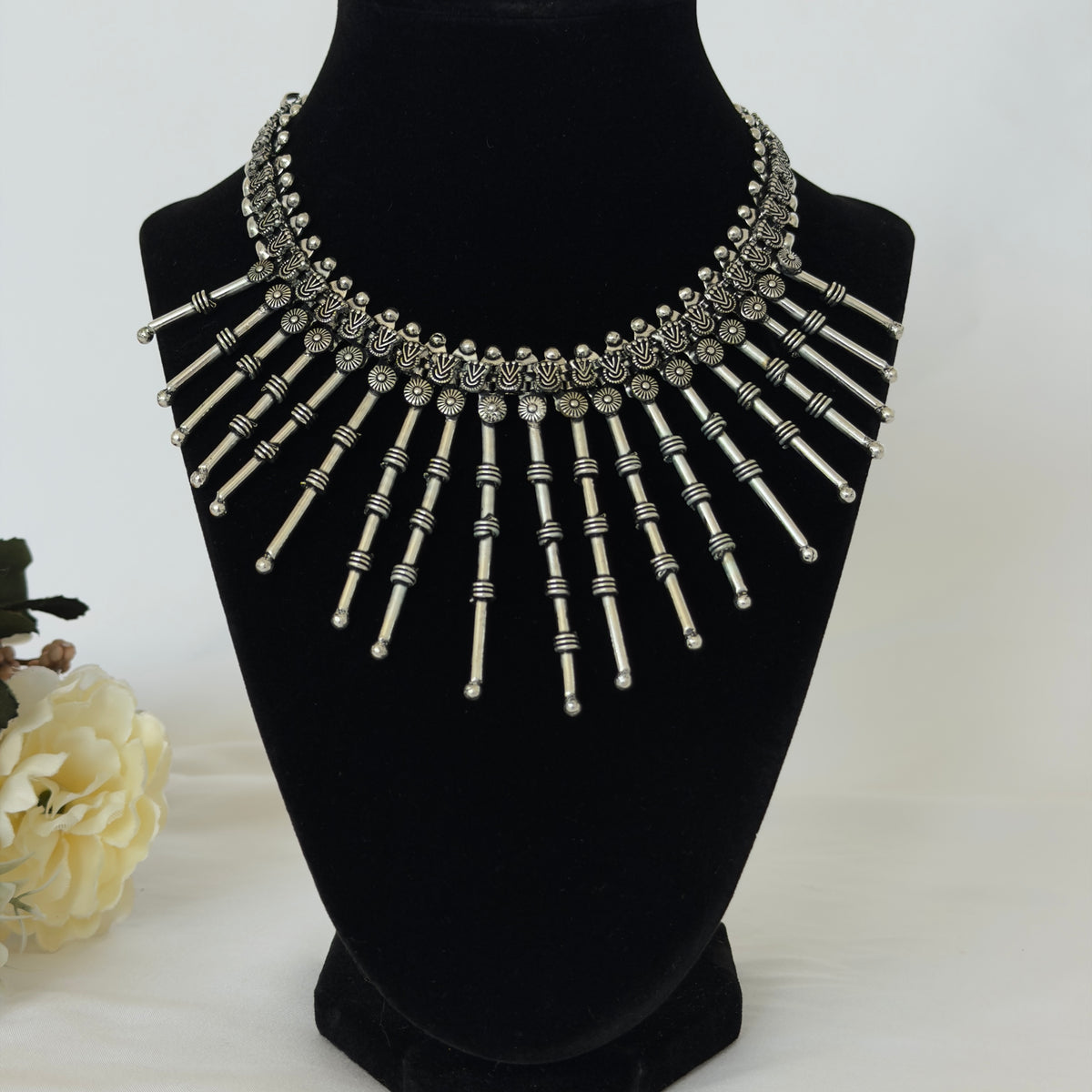 Oxidized Silver Statement Necklace, Tribal Indian Jewelry, Boho Long Stick Necklace, Navratri Garba Jewelry, Ethnic Festival Necklace