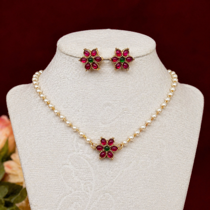 Ruby Green Floral Necklace Set, Pearl Chain Choker, Traditional Indian Jewelry, Temple Style Flower Pendant, Bridal Festive Necklace Earring