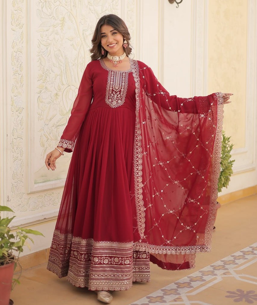 Maroon Embroidered Gown with Dupatta | Fully Stitched Anarkali Style Dress | Indian Ethnic Wear for Weddings & Parties