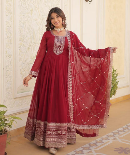Maroon Embroidered Gown with Dupatta | Fully Stitched Anarkali Style Dress | Indian Ethnic Wear for Weddings & Parties