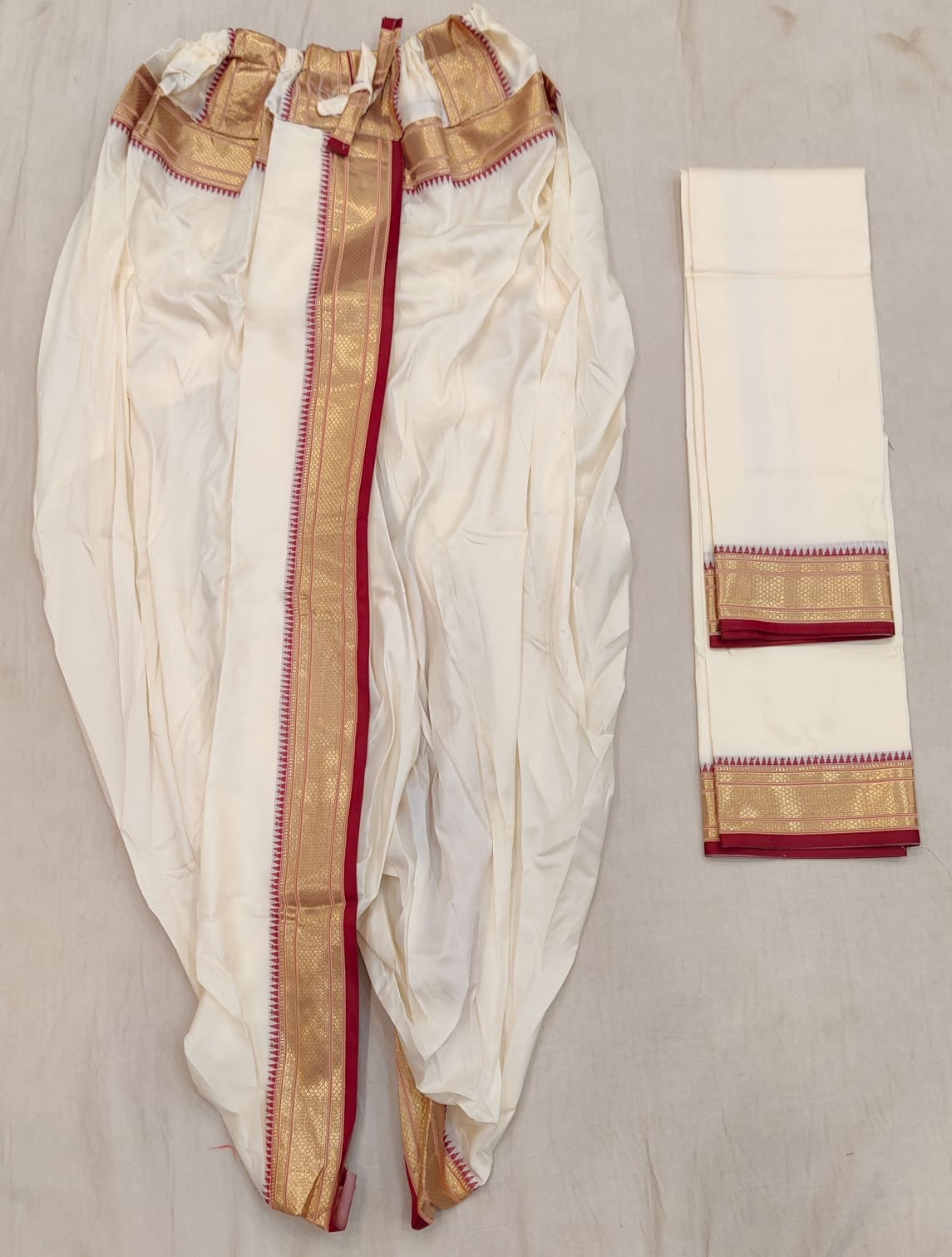 Men’s White Dhoti Dupatta Set for Puja | Traditional South Indian Dhoti with Golden Zari Border | Hindu Ceremony Wear | Temple Wedding Outf