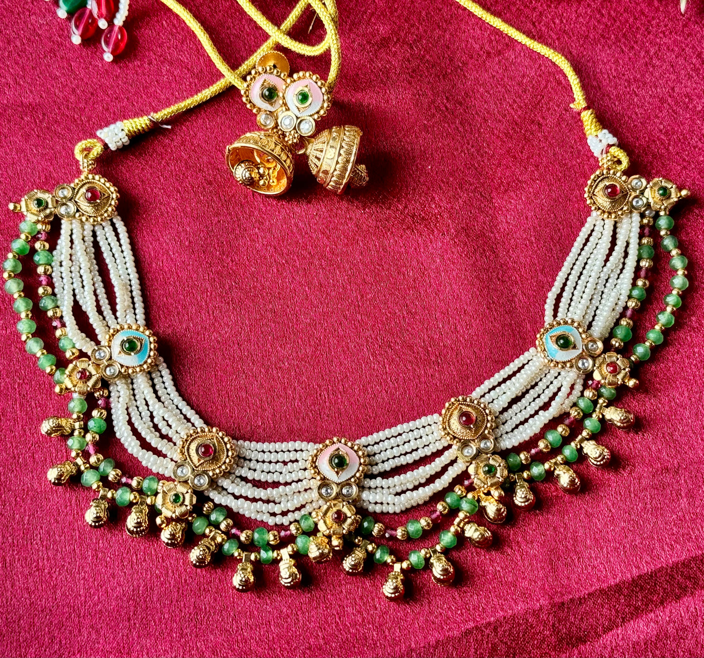Elegant Multi Layer Pearl Choker Set with Jhumka Earrings | Antique Gold Indian Wedding Jewelry | Traditional Necklace Set | Bridal Necklace