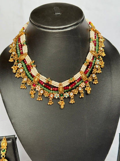 Antique Gold Multilayer Temple Necklace Set with Jhumka Earrings | Traditional Indian Beaded Bridal Choker | Festive Wedding Jewelry