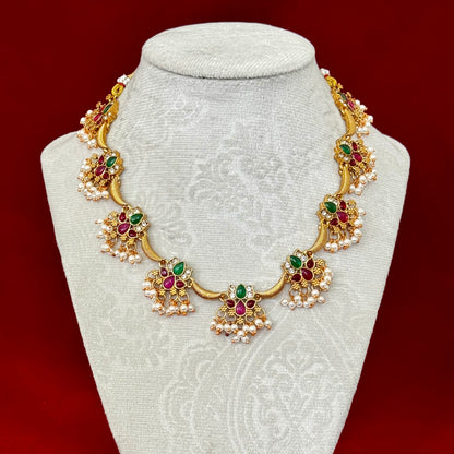 Temple Style Gold Necklace Set with Green & Ruby Stones, Pearl Drop Indian Jewelry, Traditional Bridal Necklace, Festive Wedding Jewelry Set