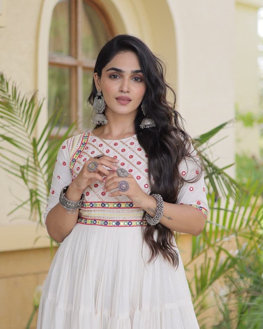 Navratri white Gown for Women, Garba Dandiya Dress, Mirror Work Kora Cotton Gown, Embroidered Indian Festival Dress, 12 Meter Flair