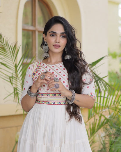 Navratri white Gown for Women, Garba Dandiya Dress, Mirror Work Kora Cotton Gown, Embroidered Indian Festival Dress, 12 Meter Flair