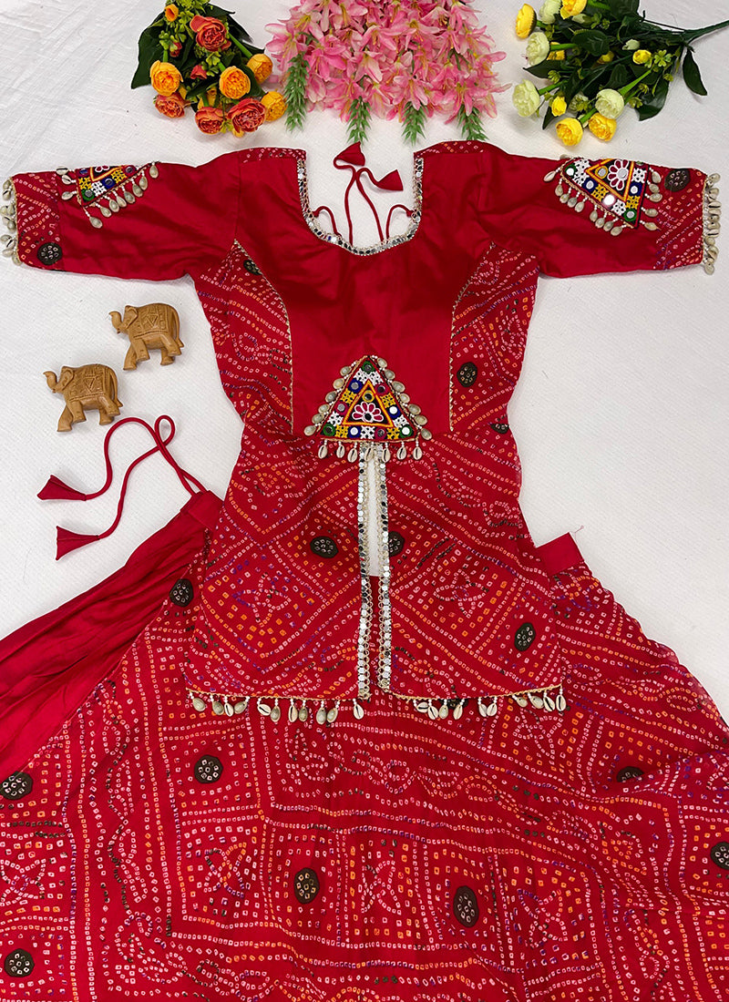 Navratri Lehenga Choli, 5 Meter Flair Bandhani Chaniya Choli, Kavdi Kodi Mirror Work Garba Lehenga, Gujarati Dandiya Outfit, Red Lehenga