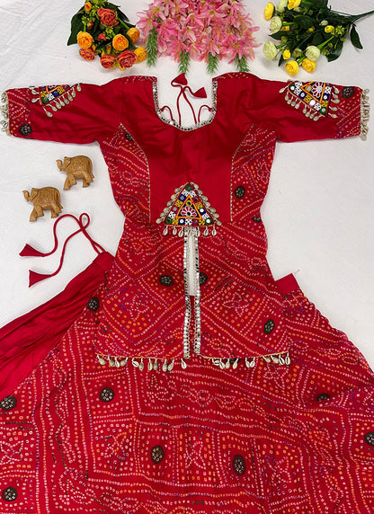 Navratri Lehenga Choli, 5 Meter Flair Bandhani Chaniya Choli, Kavdi Kodi Mirror Work Garba Lehenga, Gujarati Dandiya Outfit, Red Lehenga