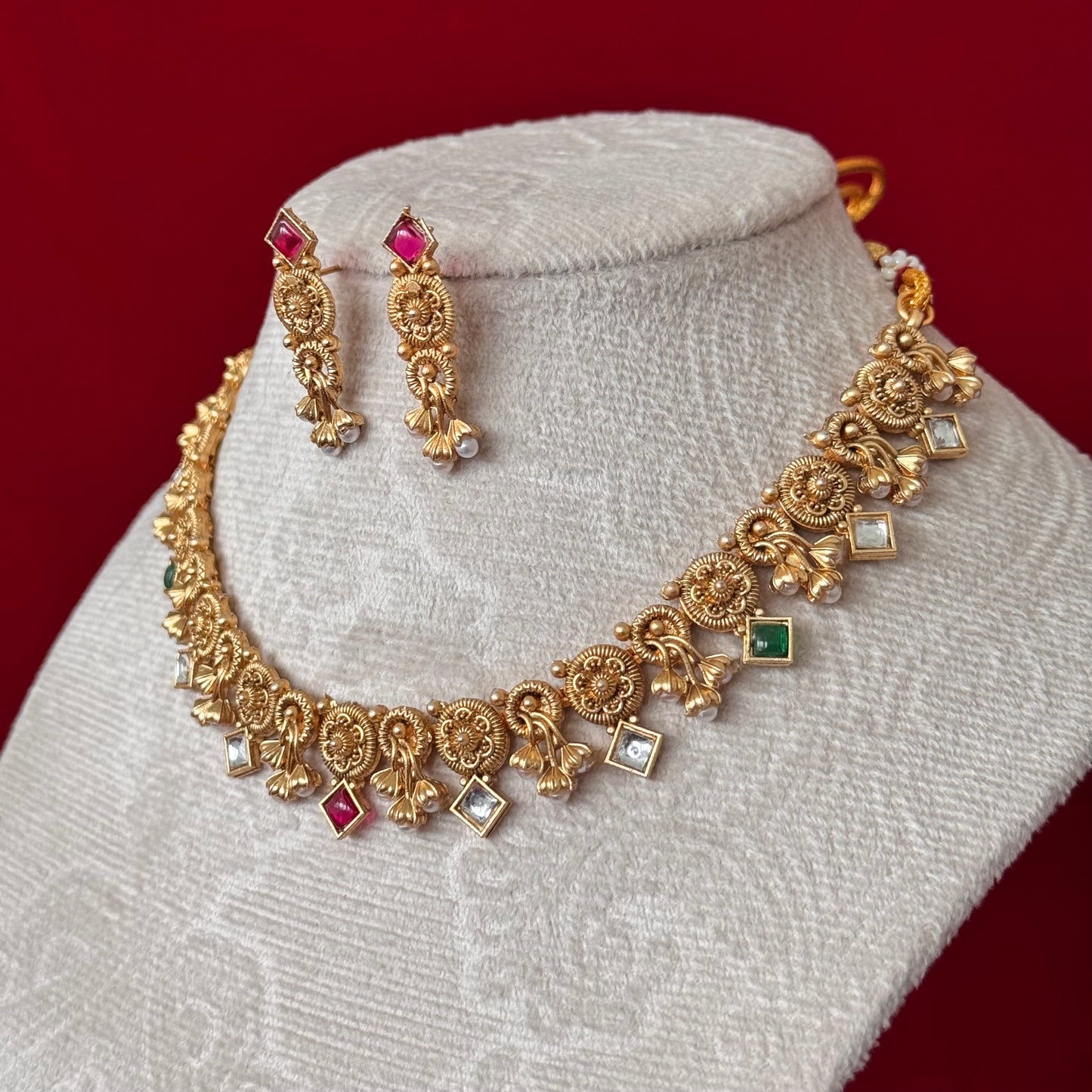 Majak Necklace Set | Traditional Temple Jewelry Set with Earrings | Antique Gold Finish Necklace | Ruby Green Stone Indian Jewelry | Bridal