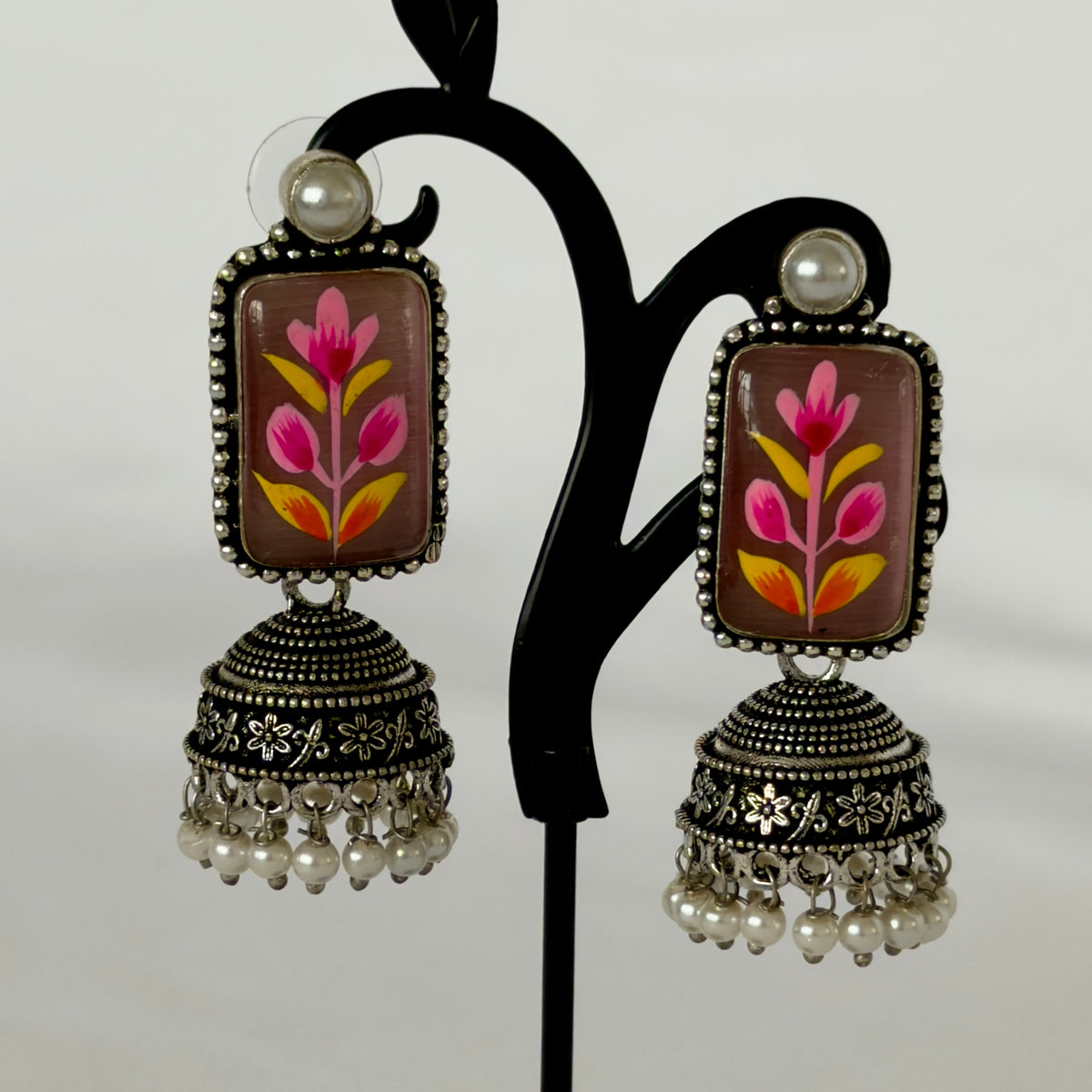 Oxidized Silver Hand Painted Mauve Floral Jhumka Earrings, Pink Flower Statement Earrings, Pearl Beaded Indian Earrings, Ethnic Jewelry