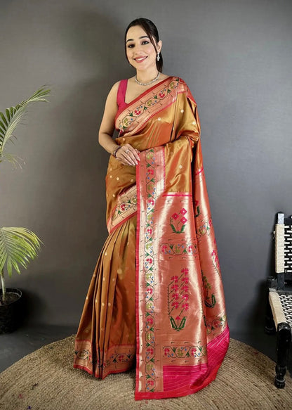 Golden Brown Semi Paithani Saree Soft Silk, Traditional Paithani Saree with Pink Border, Maharashtrian Wedding Saree, Festive Indian Saree,