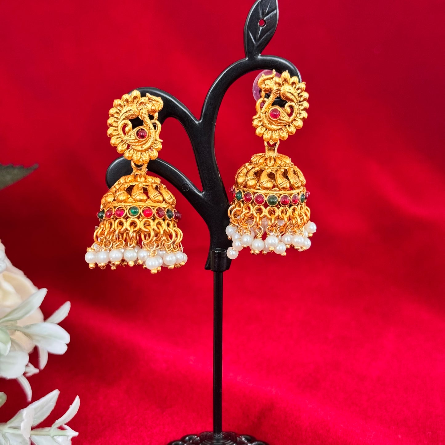Traditional Antique Gold Jhumka Earrings with Kemp Stones & Pearl Drops | Temple Style South Indian Jhumki | Bridal Festive Ethnic Earrings