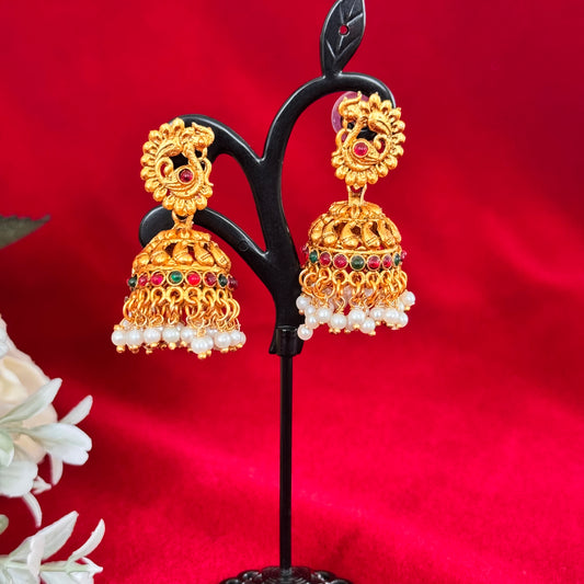 Traditional Antique Gold Jhumka Earrings with Kemp Stones & Pearl Drops | Temple Style South Indian Jhumki | Bridal Festive Ethnic Earrings