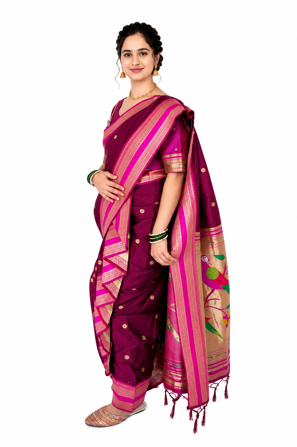 Ready to Wear Nauvari Saree with Blouse | Wine Shahi Mastani Style | Semi Silk Paithani 9 Yard Saree | Fully Stitched Maharashtrian Saree