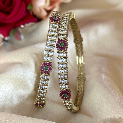 Elegant Gold Bangles Set with Ruby Emerald Floral Design | CZ Diamond Look Kada | Indian Wedding Bridal Jewelry | Gift for Her