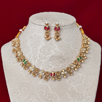 Majak Necklace Set | Antique Gold Tone Temple Jewelry Set | Kundan & Pearl Choker Necklace | Traditional Indian Bridal Necklace | Festive We