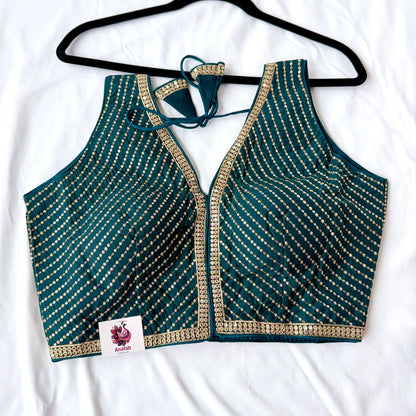 Teal Green Saree Blouse, V Neck Zari Embroidered Blouse, Sleeveless Ready to Wear Indian Blouse, Wedding Festive Blouse,