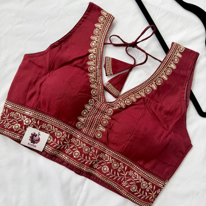Maroon Saree Blouse, Gold Zari Embroidered Blouse, Ready to Wear Indian Blouse, Sleeveless Designer Blouse, Wedding Festive Blouse