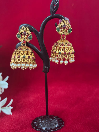 Antique Gold Jhumka Earrings, Traditional Temple Jhumki, Red Green Stone Pearl Jhumkas, Indian Bridal Earrings, Ethnic Festive Jewelry, Wedd