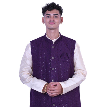 Men’s Cream Kurta Pajama with Purple Sequence Nehru Jacket – Festive & Wedding Wear Set, party wear, engagement Kurta pajama, men’s wear