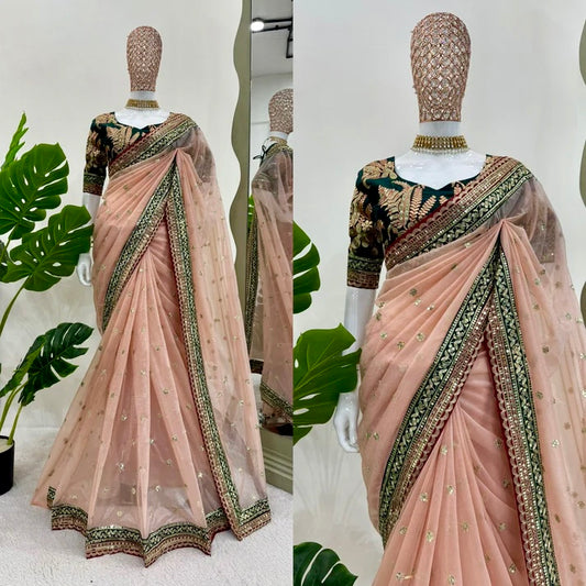 Blush Pink Sequin Saree with Rich Green Designer Blouse – Perfect for Weddings & Festive Glam
