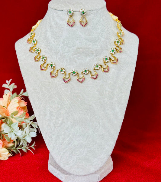 Elegant Floral AD Necklace Set with Ruby Pink Stones & Green Center | Lightweight Gold Finish Necklace with Matching Earrings | Wedding Part