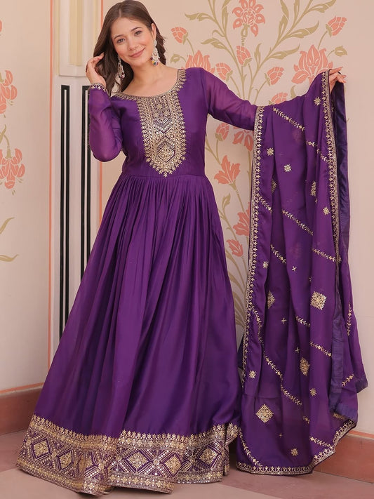 Purple Anarkali Gown with Dupatta, Georgette Embroidered Indian Dress, Zari Sequin Long Gown, Wedding Outfit for Women, festive Outfit, ethn