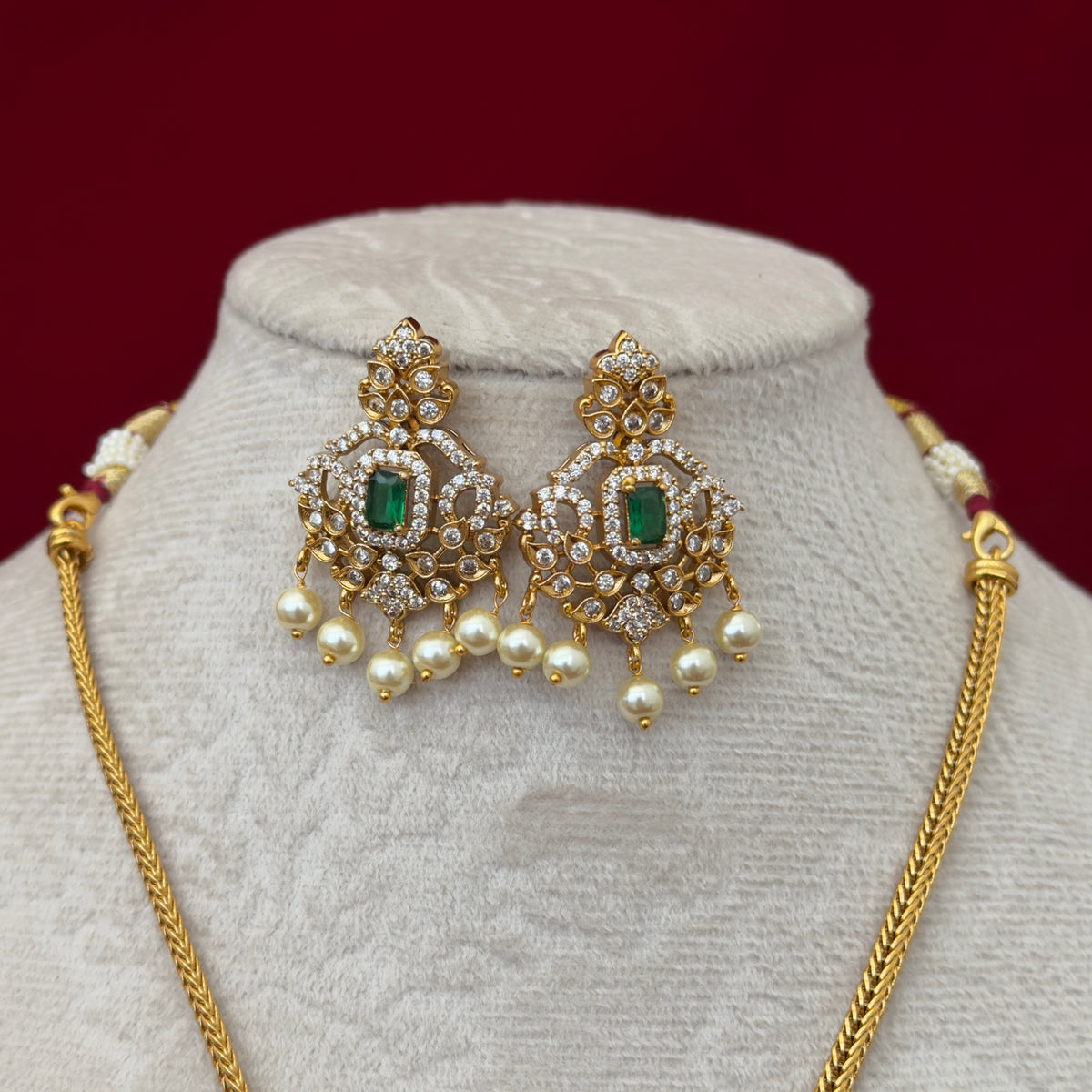 Emerald Green AD Stone Necklace Set, Gold Tone Pendant Necklace with Pearl Drops, Matching Earrings, Indian Wedding Jewelry, Ships from USA