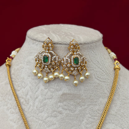 Emerald Green AD Stone Necklace Set, Gold Tone Pendant Necklace with Pearl Drops, Matching Earrings, Indian Wedding Jewelry, Ships from USA