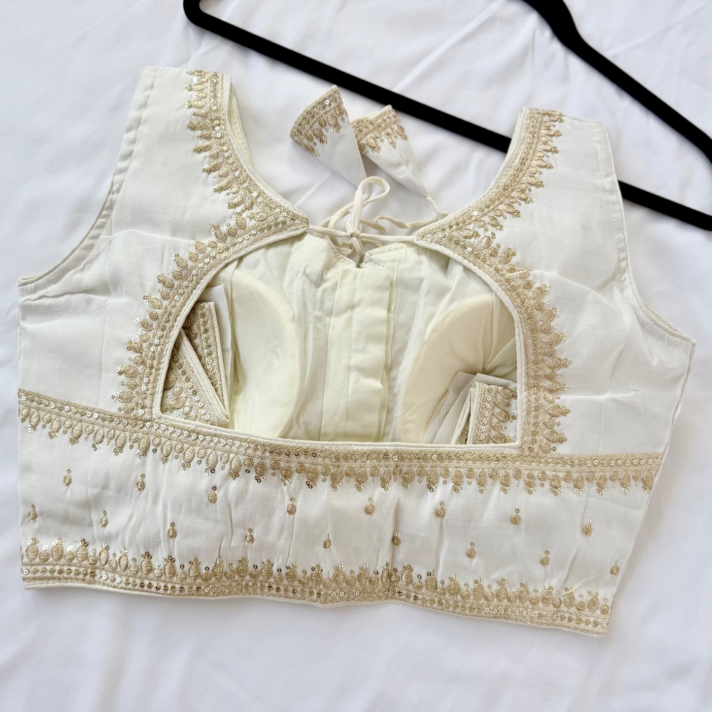 Ivory Jacquard Saree Blouse, Gold Embroidered Designer Blouse, Deep Back Neck Blouse with Latkan, Ready to Wear Indian Blouse, Crop top