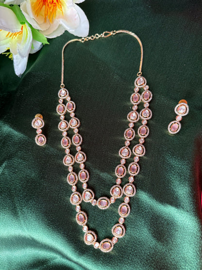 Mauve Stone Layered Necklace Set | Elegant Champagne Gold CZ Jewelry | Long Double Strand Necklace with Earrings | Indian Wedding Jewelry Set