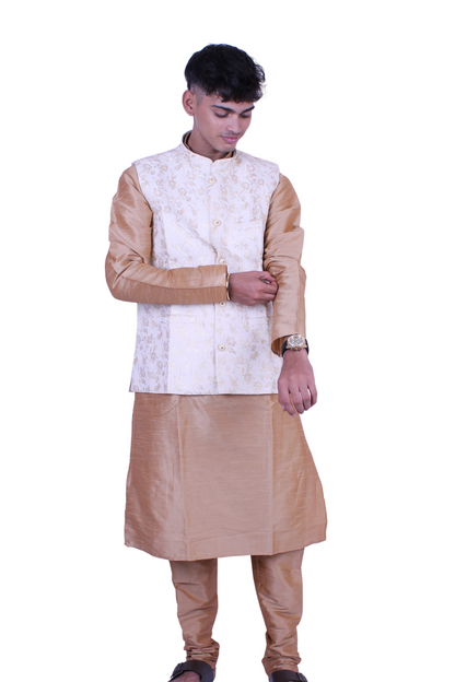 Men’s Beige Silk Kurta Pajama with White Embroidered Nehru Jacket | Indian Wedding Outfit | Festival & Party Wear, Ethnic wear, Men’s Kurta