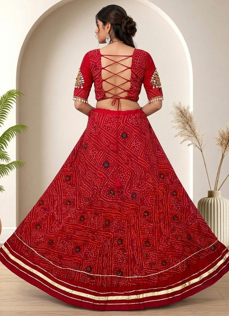 Navratri Lehenga Choli, 5 Meter Flair Bandhani Chaniya Choli, Kavdi Kodi Mirror Work Garba Lehenga, Gujarati Dandiya Outfit, Red Lehenga