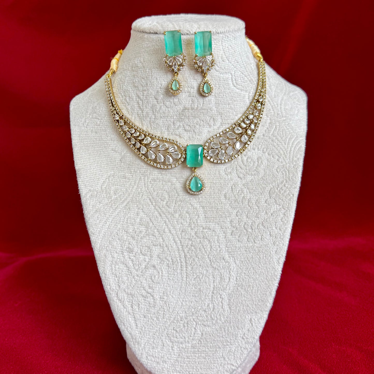 Turquoise CZ Necklace Set for Women, Gold Tone Statement Jewelry Set, Bridal Party Necklace Earrings Set, Indian Wedding Jewelry, Elegant P