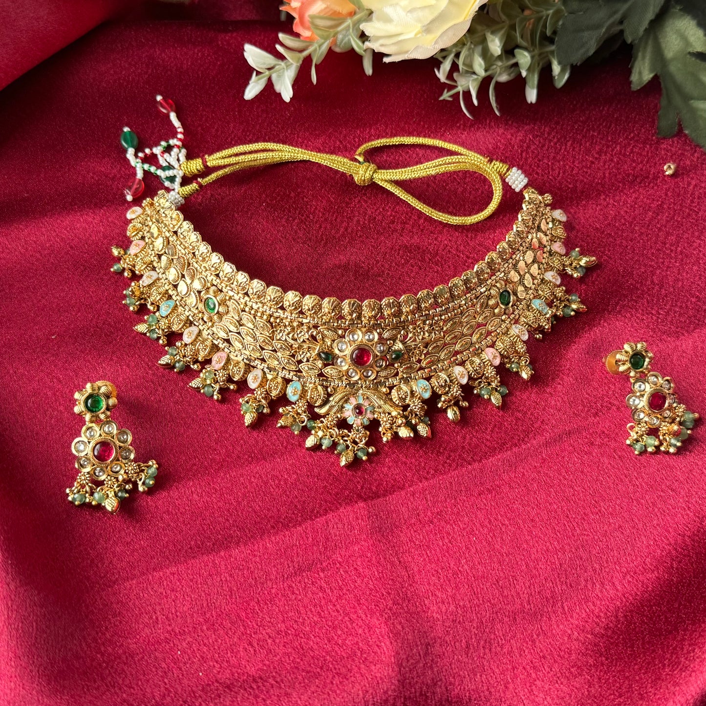 Antique Gold Indian Choker Necklace Set with Earrings, Multicolor Stone Temple Jewelry, Traditional Bridal Wedding Statement Necklace Set