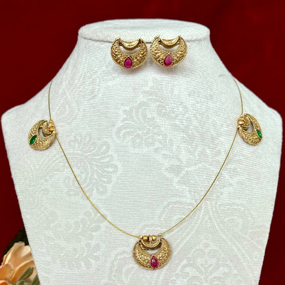 Chandrakor Necklace Set with Earrings, Traditional Maharashtrian Moon Pendant Jewelry, Antique Gold Finish with Ruby Stone, Festive Wedding