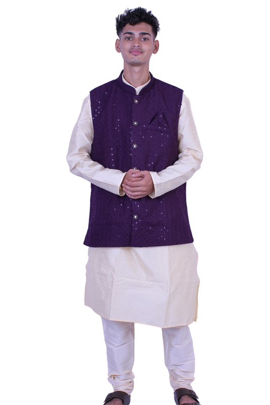 Men’s Cream Kurta Pajama with Purple Sequence Nehru Jacket – Festive & Wedding Wear Set, party wear, engagement Kurta pajama, men’s wear