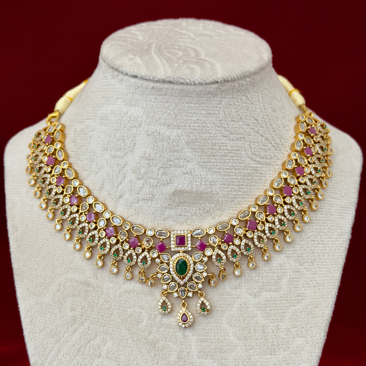 Kemp Stone Necklace Set, Ruby Green Indian Jewelry with Earrings, Traditional Bridal Necklace, South Indian Wedding Jewelry, Ships from USA