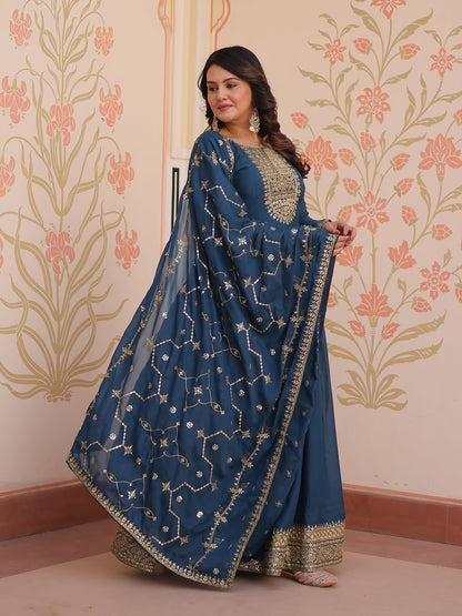 Teal Blue Anarkali Gown with Dupatta, Georgette Embroidered Indian Dress, Zari Sequin Long Gown, Wedding Outfit for Women, festive Outfit