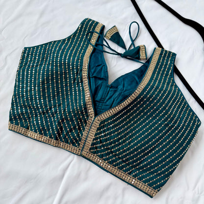 Teal Green Saree Blouse, V Neck Zari Embroidered Blouse, Sleeveless Ready to Wear Indian Blouse, Wedding Festive Blouse,