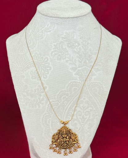Antique Gold Lakshmi Pendant Necklace, Invisible Chain Temple Jewelry, South Indian Long Necklace, Traditional Ethnic Pendant Gift for Women