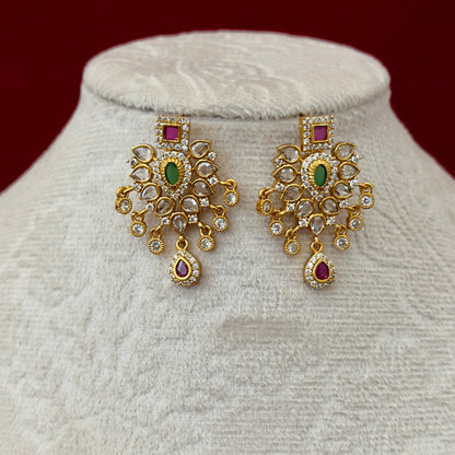Kemp Stone Necklace Set, Ruby Green Indian Jewelry with Earrings, Traditional Bridal Necklace, South Indian Wedding Jewelry, Ships from USA