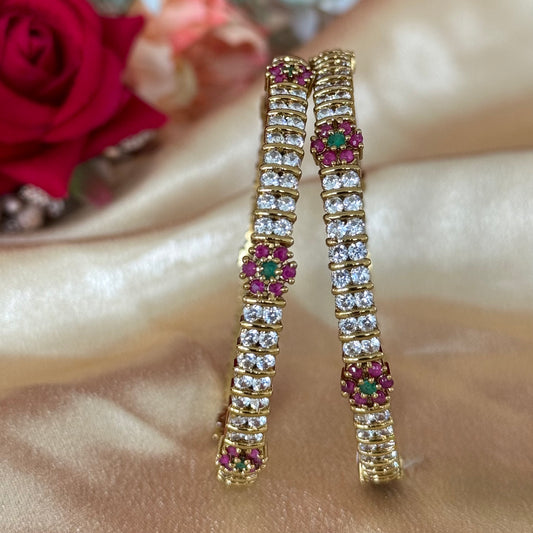 Elegant Gold Bangles Set with Ruby Emerald Floral Design | CZ Diamond Look Kada | Indian Wedding Bridal Jewelry | Gift for Her