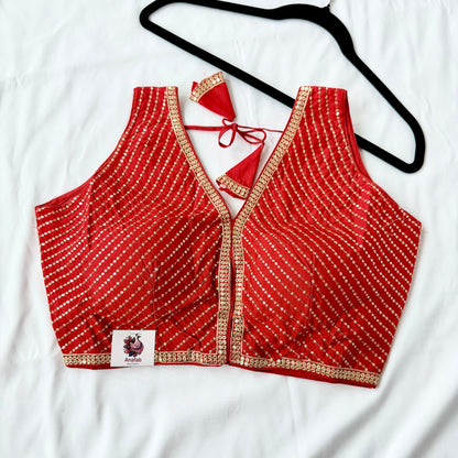 Bright Red Saree Blouse, V Neck Zari Embroidered Blouse, Sleeveless Ready to Wear Indian Blouse, Wedding Festive Blouse, Crop top, lehenga t
