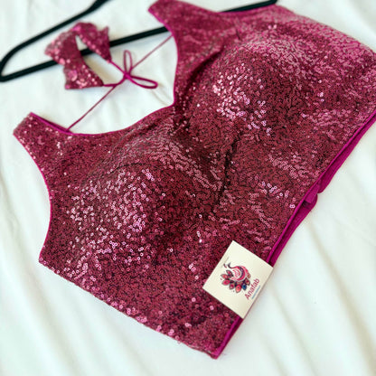 Magenta Pink Sequin Saree Blouse, Readymade Sleeveless Blouse, Padded Party Wear Blouse, Sparkly Indian Blouse, Wedding Blouse